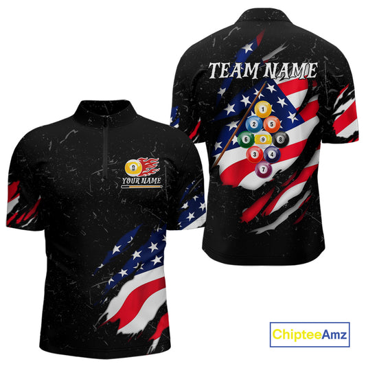 Personalized Patriotic 9 Ball Billiard Shirt For Men Custom Black Grunge American Flag Pool Jersey TDM4758