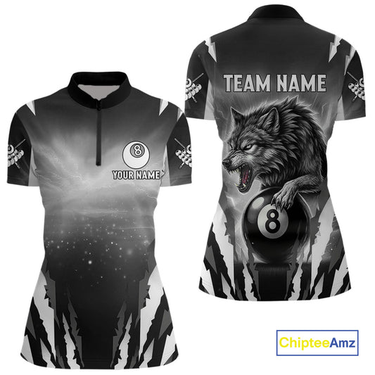 Personalized Thunder Lightning Wolf Billiard Shirt For Women, 8 Ball Billiard Team Jerseys |Grey TDM4550