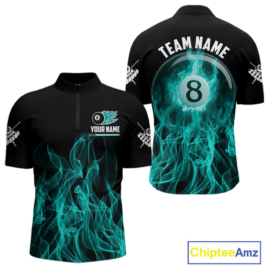 Turquoise Flaming 8 Ball Billiard Polo & 1/4 Zip For Men Custom Billiard Jersey, Pool Team Shirts TDM5433
