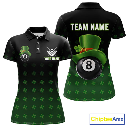 Black And Green 8 Ball Pool Shamrock Billiard Shirt For Women Custom St Patrick Day Billiard Jersey TDM5706