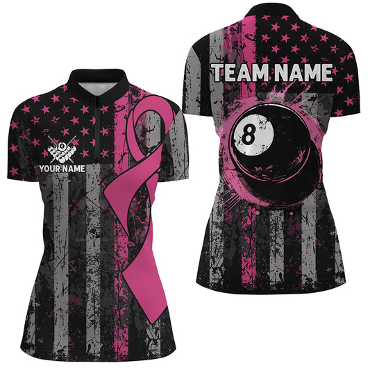 Custom Pink Ribbon Grunge US Flag Patriotic Billiard Shirts For Women, Breast Cancer Billiard Jerseys TDM2512