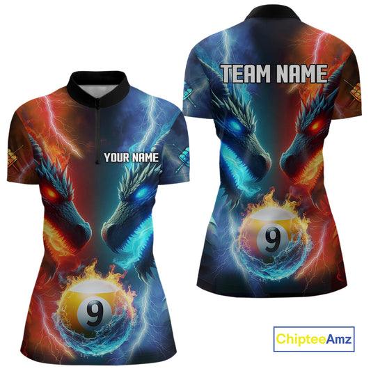 Blue And Orange Custom Dragon 9 Ball Pool Billiard Shirt For Women, Billiard Jersey Polo & 1/4 Zip TDM5232