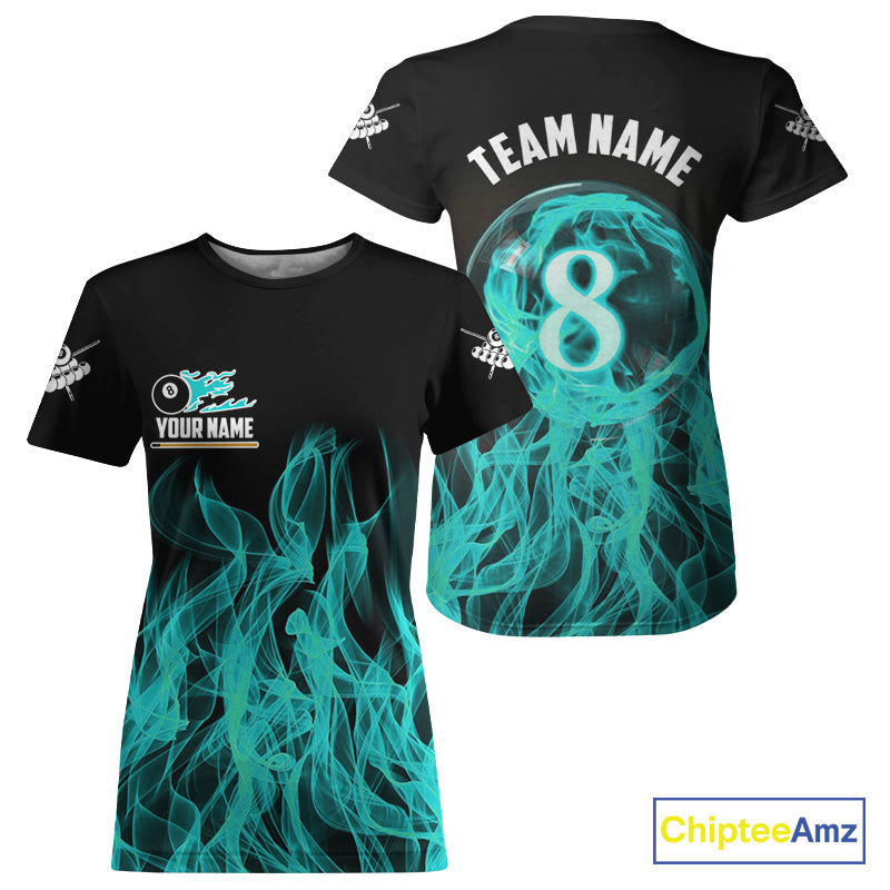 Turquoise Flaming 8 Ball Pool Billiard T-Shirt For Women Custom Pool Player Jersey, Billiard Gifts TDM2772