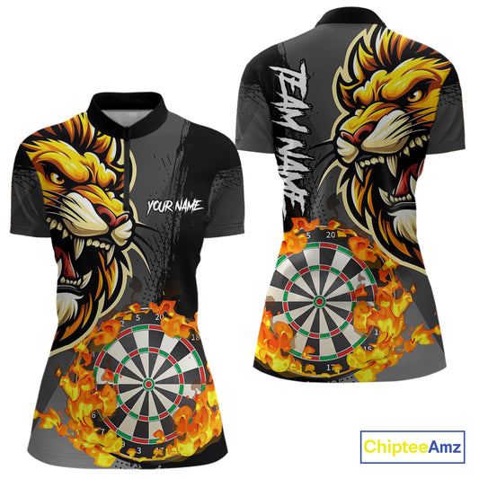 Funny Darts Flame Lion Custom Polo & Quarter-Zip, Personalized Women Dart Shirts Dart Jerseys TDM4033
