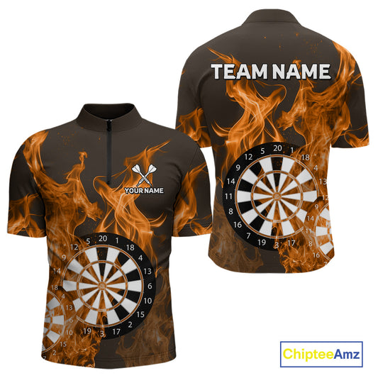 Orange Flaming Dartboard Darts Polo & Quarter Zip Custom Dart Shirts For Men Team Dart Jerseys TDM4229