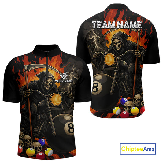 Personalized Grim Reaper Motorcycle Billiards Shirt For Men Custom Funny 8 Ball Pool Team Jersey TDM5263