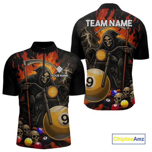 Personalized Grim Reaper Motorcycle Billiards Shirt For Men Custom Funny 9 Ball Pool Team Jersey TDM5264