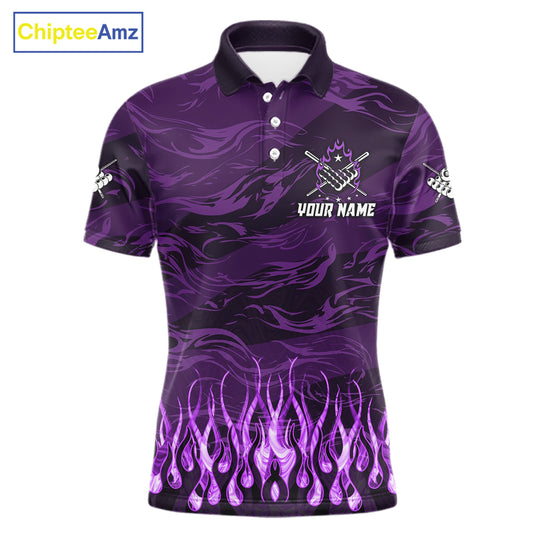 Custom Purple Flaming 8 Ball Pool Fire Polo Shirt Designed for Personalized Billiard Team Jerseys with Vibrant Flame Graphics and Athletic Performance Style