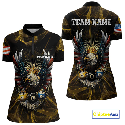 Personalized Crown American Flag Eagle 8, 9 & 10 Ball Pool Shirt For Women, Billiard Team Jersey TDM5044