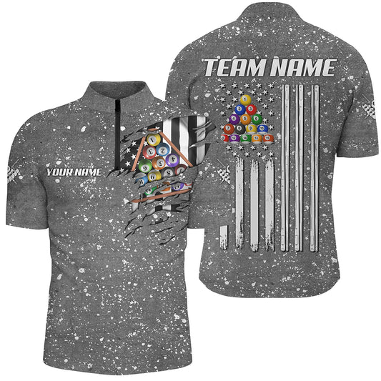 Personalized Grey Grunge American Flag Billiard Shirts For Men, Patriotic Billiard Pool Jerseys TDM3281