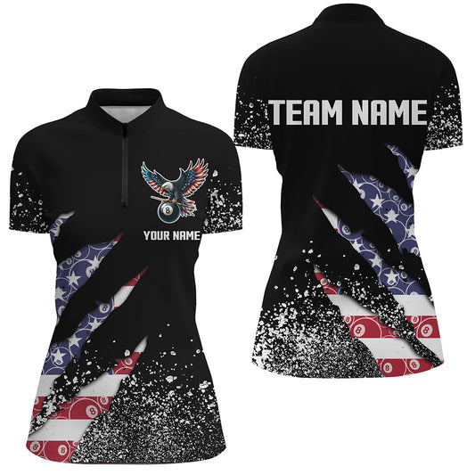 Custom Ball 8 US Flag Black Grunge Women Billiard Polo & Quarter-Zip Shirt Best Billiard Team Jersey TDM1649