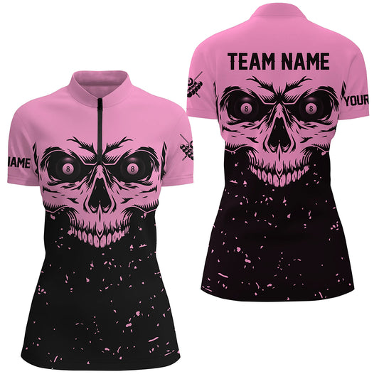 Custom Grunge Pink Black Skull Billiard Women Jerseys Shirts, 8 Ball Billiards Apparel Clothing TDM1876
