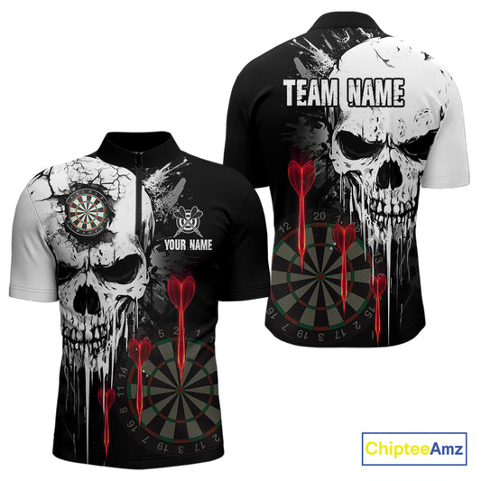 Personalized Grunge Skull Arrow Darts Shirt For Men Custom Darts Jersey Team Polo & 1/4 Zip |Red TDM4247
