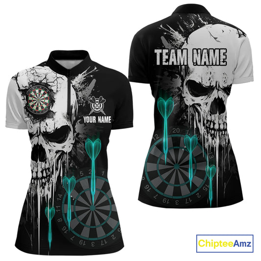 Personalized Grunge Skull Arrow Darts Shirt For Women, Darts Jersey Team Polo & 1/4 Zip |Turquoise TDM4248