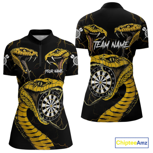 Personalized Black Yellow Cobra Snake Darts Shirt For Women, Darts Team Jerseys Polo & 1/4 Zip TDM4249