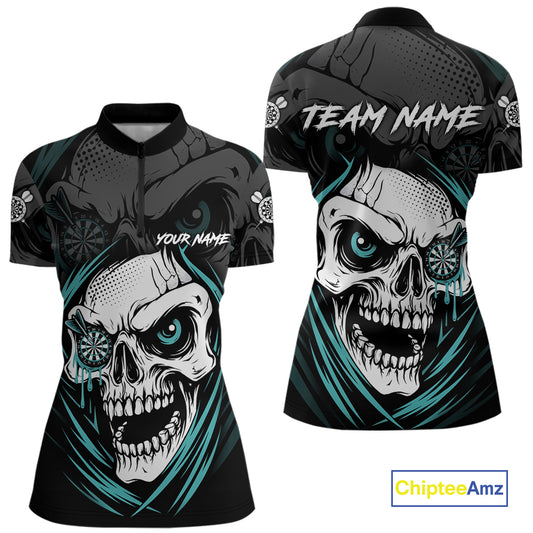 Personalized Funny Skull Darts Shirts For Women Custom Darts Jersey Team Polo & 1/4 Zip| Turquoise TDM5297