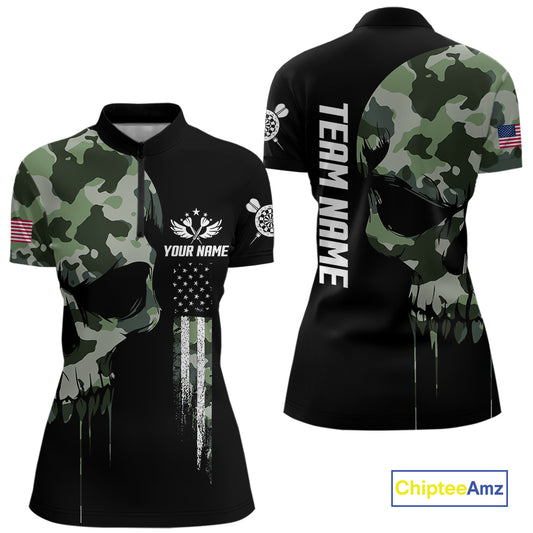 Green Camouflage Skull Darts Shirt For Women Custom Patriotic US Flag Darts Jersey Polo & 1/4 Zip TDM5300