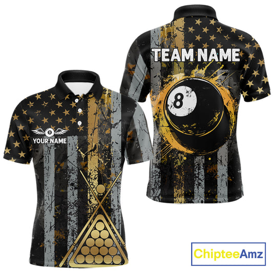 Custom Golden Grunge US Flag Patriotic Men's Billiard Shirt, 8 Ball Pool Jersey Polo & 1/4 Zip TDM6176
