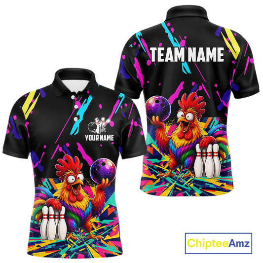 Colorful bowling polo shirt with chicken design and customizable your name & team name