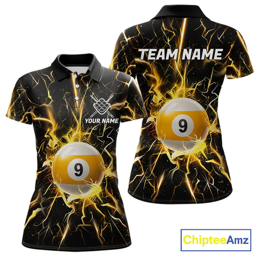Black polo shirt with yellow lightning design and 9 ball graphic, customizable name and team name