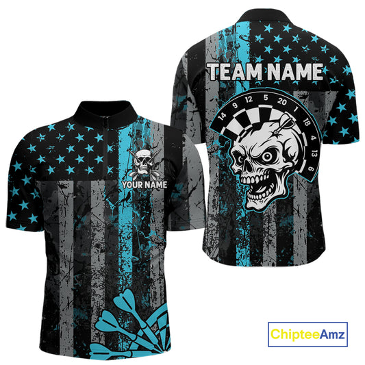 Personalized Blue Grunge US Flag Skull Darts Shirt For Men Custom Patriotic Darts Team Jersey TDM4885