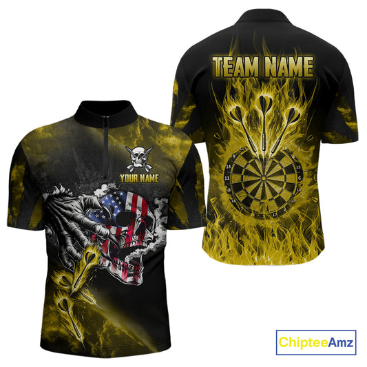 Fire Flame Darts Board American Flag Skull Dart Shirts For Men Custom Darts Team Jerseys |Yellow TDM4268