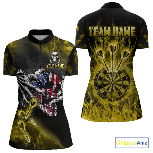 Fire Flame Darts Board American Flag Skull Dart Shirts For Women Custom Darts Team Jerseys |Yellow TDM4268