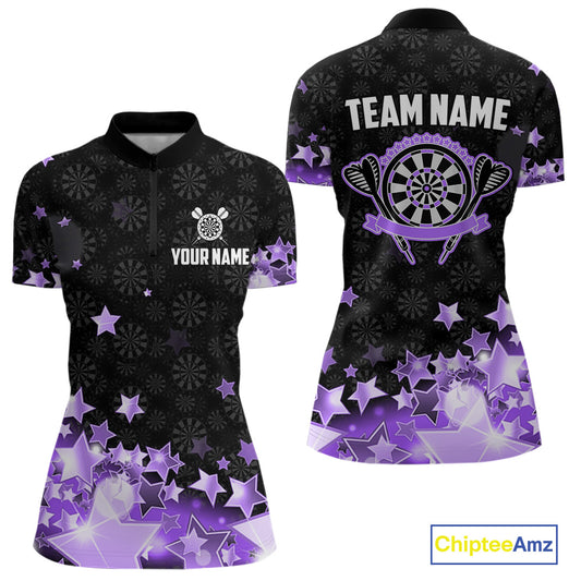 Funny Custom Dart Shirt For Women, Black And Purple Glowing Star Pattern Darts Polo & Quarter Zip TDM5326