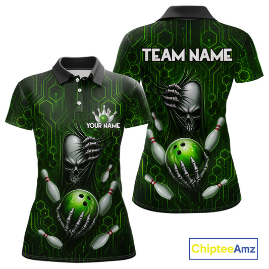 Black And Green Custom Skull Bowling Shirt For Women, Hexagon Bowling Team Jersey Polo & 1/4 Zip TDM6426