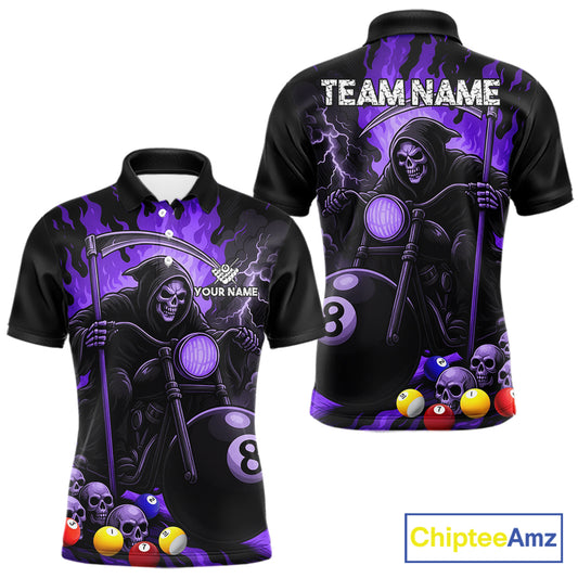 Purple flame grim reaper motorcycle 8 ball pool team polo shirt for men.
