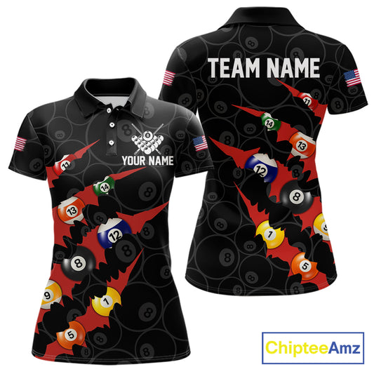 Custom Red 8 Ball Pool Scratch Billiard Shirt For Women, Black Billiard Team Jersey Polo & 1/4 Zip TDM6437