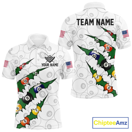 Custom Green 8 Ball Pool Scratch Billiard Shirt For Men, White Billiard Team Jersey Polo & 1/4 Zip TDM6440