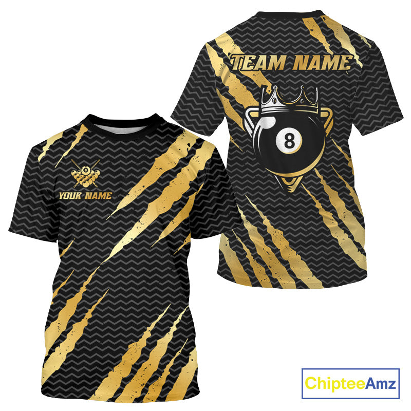 Black And Gold Scratch Billiard T-Shirts For Men Custom 8 Ball Crown Pool Team Jersey TDM4095