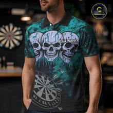 Load image into Gallery viewer, Black And Turquoise Grunge Skull Mens Dart Shirts Custom Dart Jerseys Team Polo & Quarter Zip TDM5129