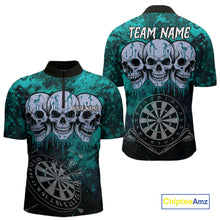 Load image into Gallery viewer, Black And Turquoise Grunge Skull Mens Dart Shirts Custom Dart Jerseys Team Polo & Quarter Zip TDM5129
