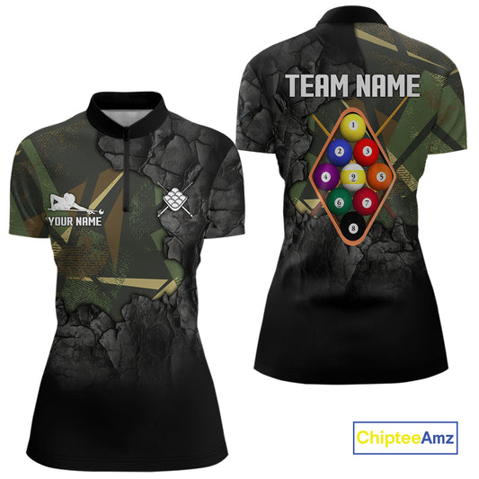 Personalized 9 Ball Pool Shirt For Women Custom Black And Military Green Billiard Team Jersey TDM5136