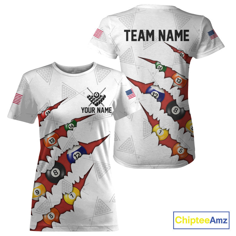 Custom Red 8 Ball Pool Scratch Billiard T-Shirt For Women White Billiard League Team Jersey TDM5989