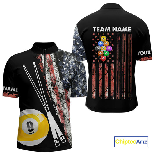 Retro Grunge American Flag 9 Ball Pool Billiard Shirt For Men Custom Patriotic Billiard Team Jersey TDM4474