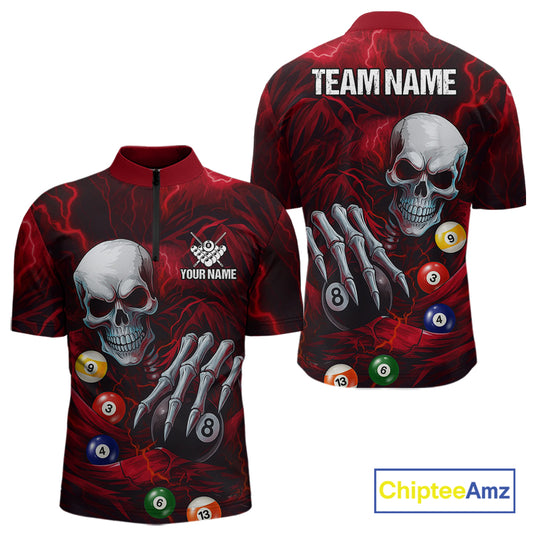 Personalized Red Funny Skeleton Pool Balls Billiard Shirt For Men, Skull Billiard Team Jerseys TDM5343