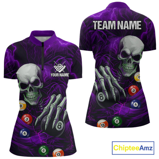 Personalized Purple Funny Skeleton Pool Balls Billiard Shirt For Women, Skull Billiard Team Jerseys TDM5344