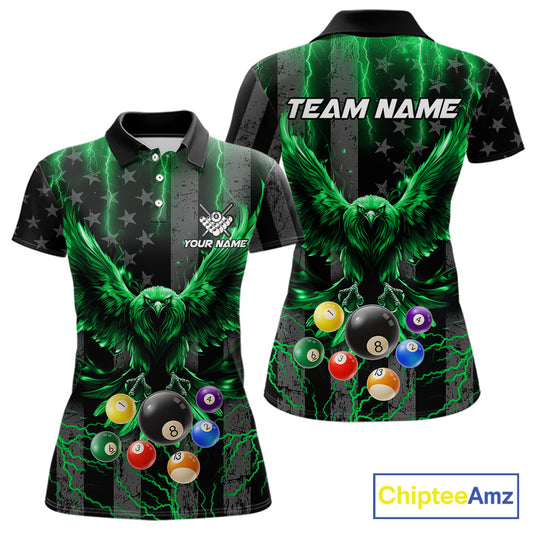 Green lightning eagle 8 ball pool polo shirt for women with patriotic American flag billiard graphics.