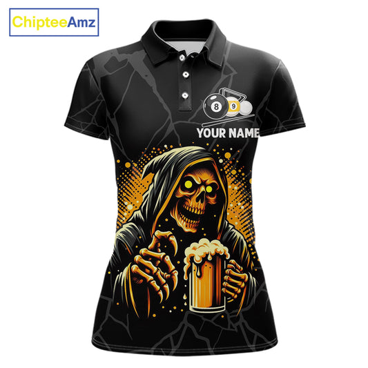 Grim Reaper 8 ball and 9 ball pool and beer That's Why I'm Here custom billiard team jersey polo shirt for women, funny pool league apparel.