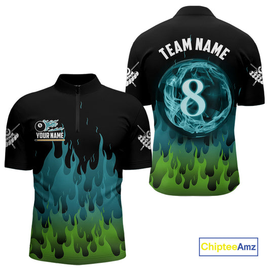 Green And Blue Flaming 8 Ball Pool Men Billiard Polo & 1/4 Zip Custom Pool Team Player Jersey TDM3828
