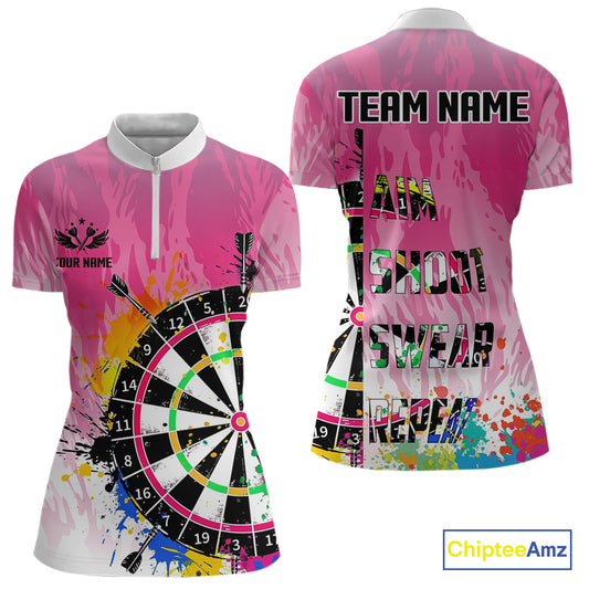 Funny Dartboards Colorful Paint Aim Shoot Swear Repeat Custom Women Darts Shirt, Dart Jerseys |Pink TDM4115