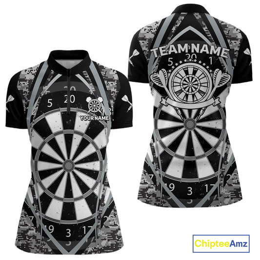 Personalized Grunge Grey Pixel Camo Dart Shirts For Women, Dart Jerseys Team Polo & Quarter Zip TDM3954