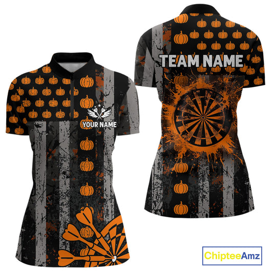Personalized Orange Grunge US Flag Pumpkin Darts Shirt For Women, Halloween Darts Jersey Outfit TDM4502