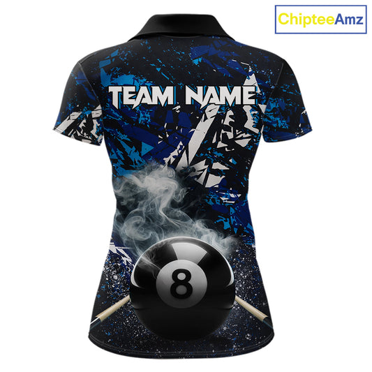 Custom Blue Camo 8 Ball Pool Smoke Billiard Shirt For Women, Billiard Team Jersey Polo & 1/4 Zip TDM6031