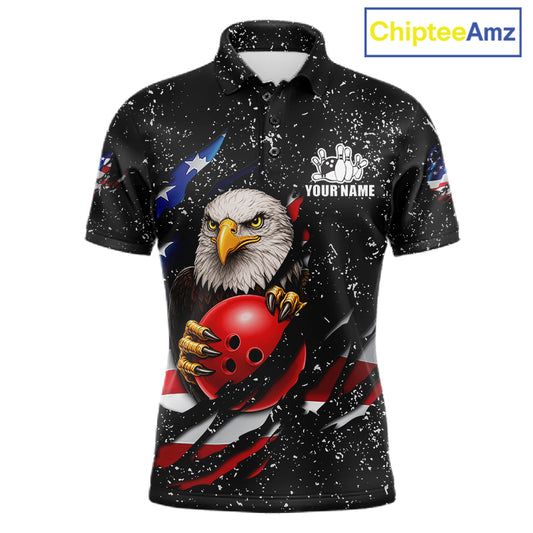 Black grunge American flag eagle bowling polo shirt for men with patriotic team graphics.