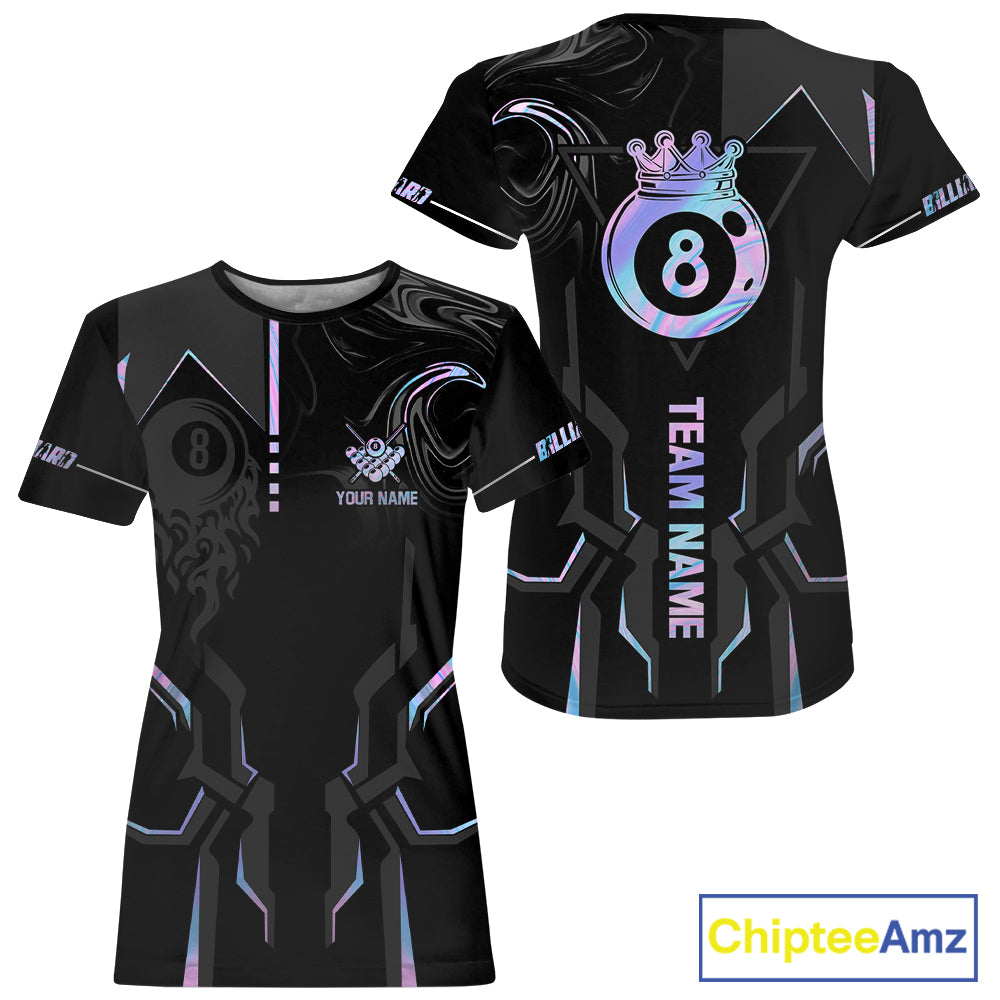 Customized 8 Ball Pool Crown Women’s Billiard T-Shirts, Holographic Billiard Team Shirt, Pool Jersey TDM5400