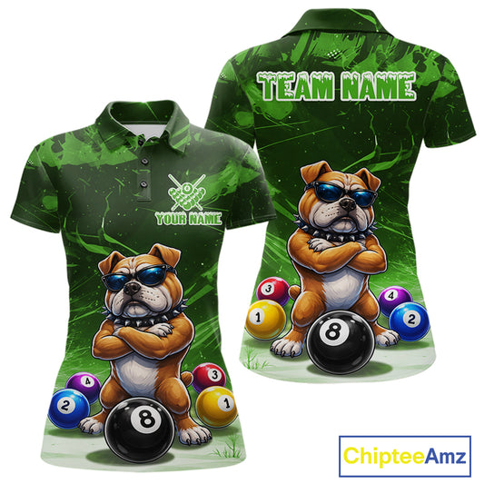 Funny Bulldog Pool Balls Billiard Shirt For Women Custom Billiard Team Jersey Polo & 1/4 Zip |Green TDM6479